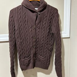 Tommy Hilfiger Cable Knit Cardigan Sweater Shawl Collar Brown Medium‎